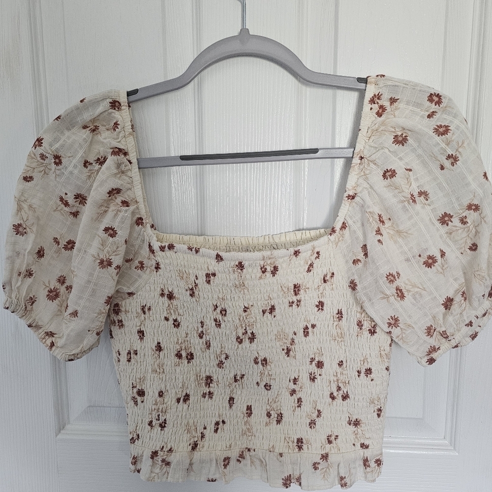 American Eagle Outfitters Floral Puff Sleeve Bubble Crop Top, Sz Small